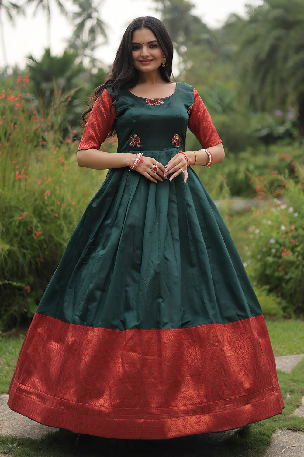 Beautiful Green Banarasi jacquard Silk Gown