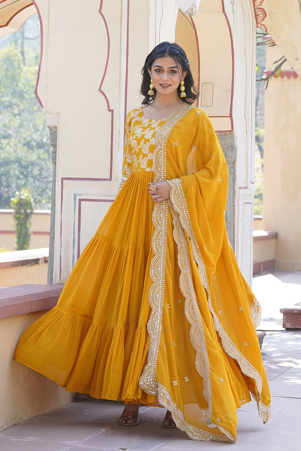 Yellow Faux Blooming &amp; Jacquard Gown With Dupatta