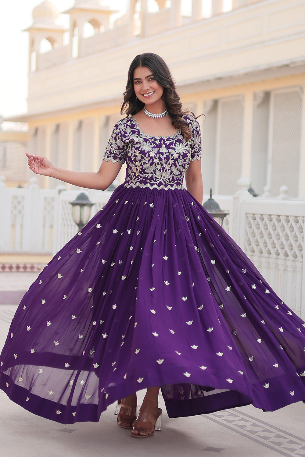 Purple Faux Blooming With  Sequins Embroidered Work Gown