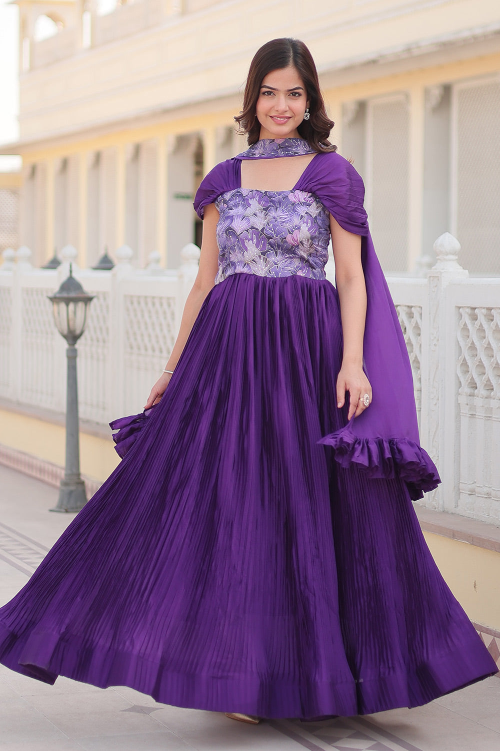 Purple Chinnon Printed Work Gown Dupatta Set
