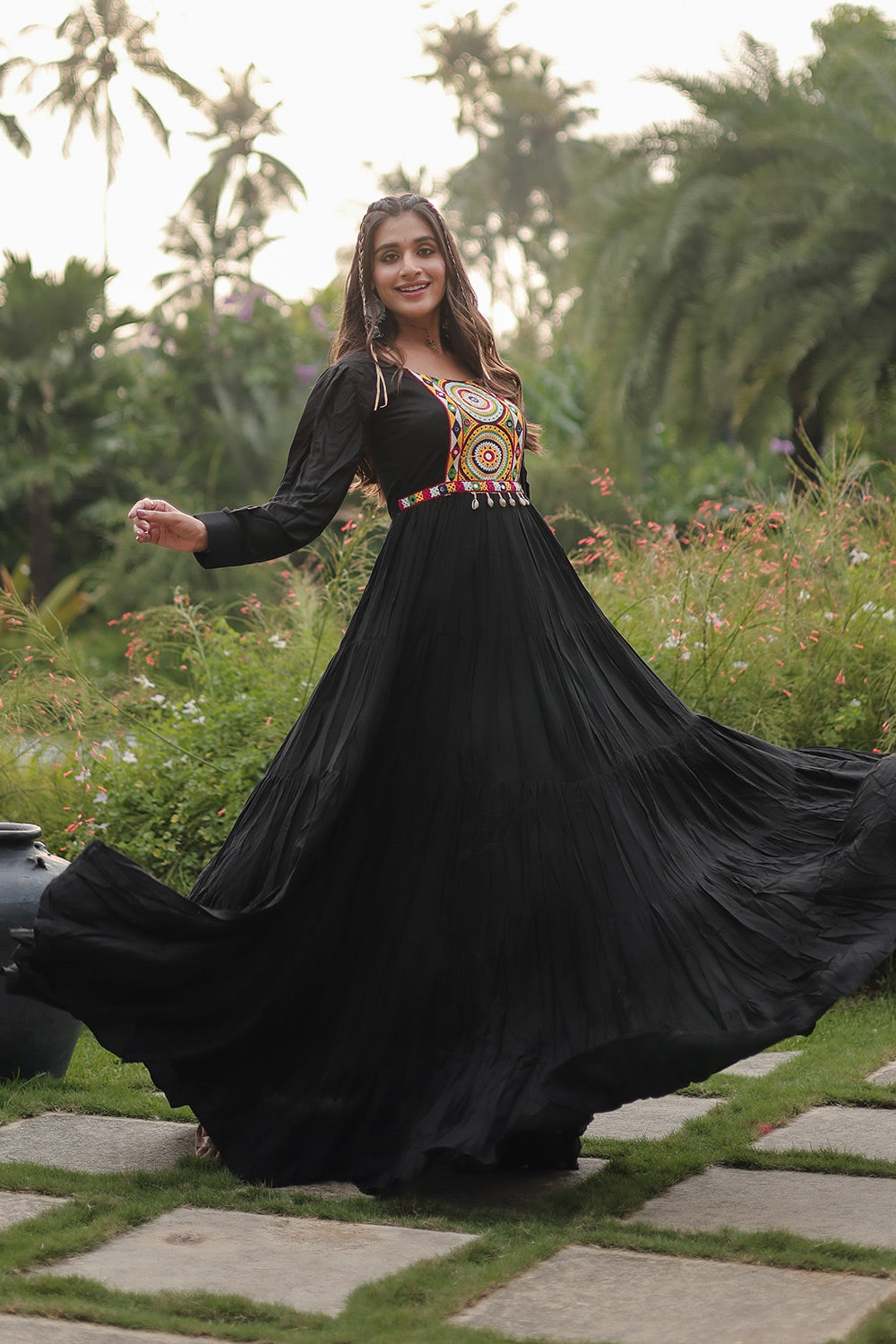 Black Reyon With Kutchi Gamthi Work Gown