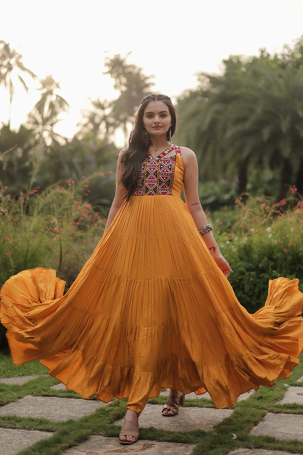 Yellow Reyon With Kutchi Gamthi Work Gown