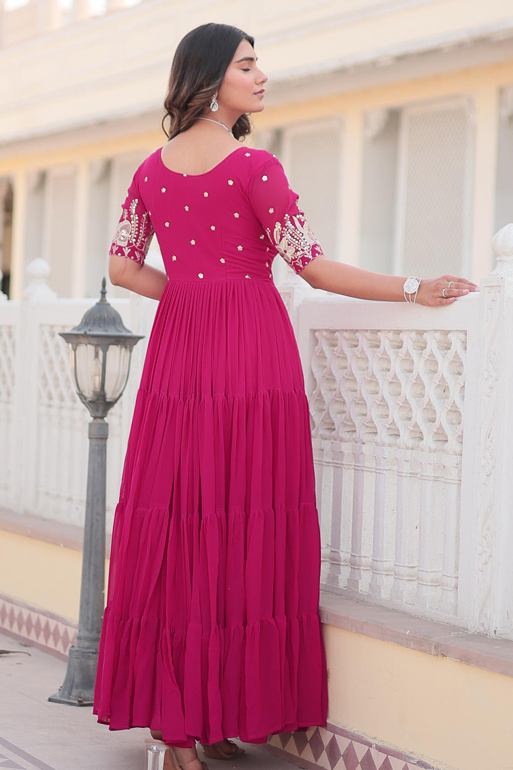 Designer Pink Faux Blooming With Embroidery Zari Sequins Work Gown
