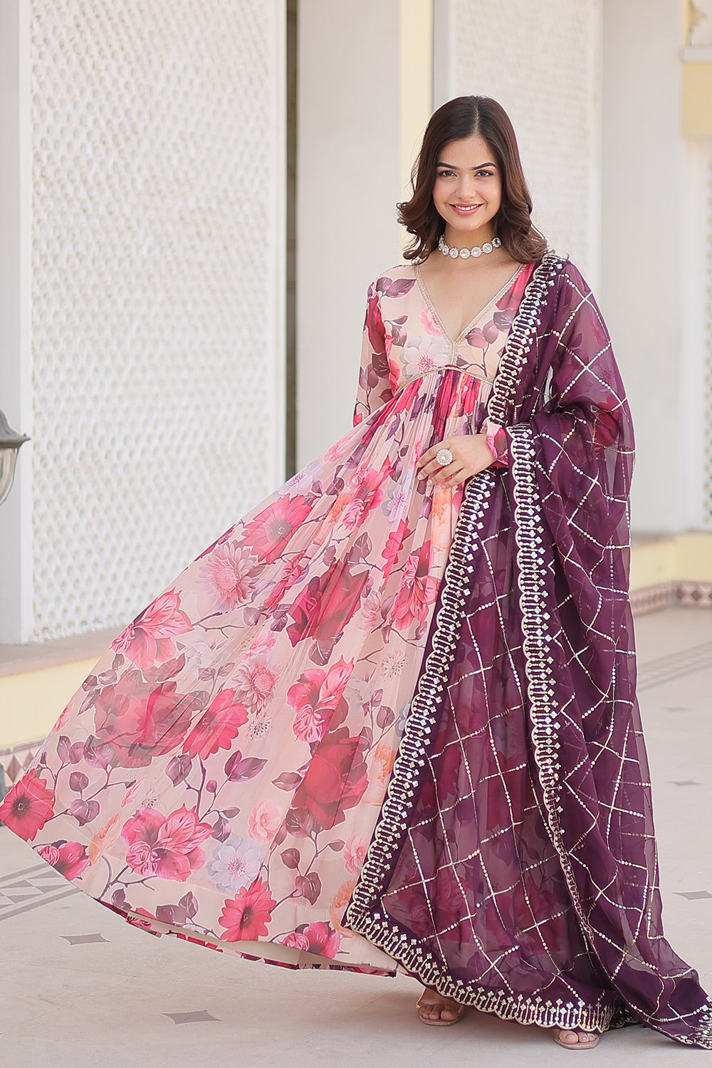 White And Pink Digital Printed Silk Gown With Dupatta Set