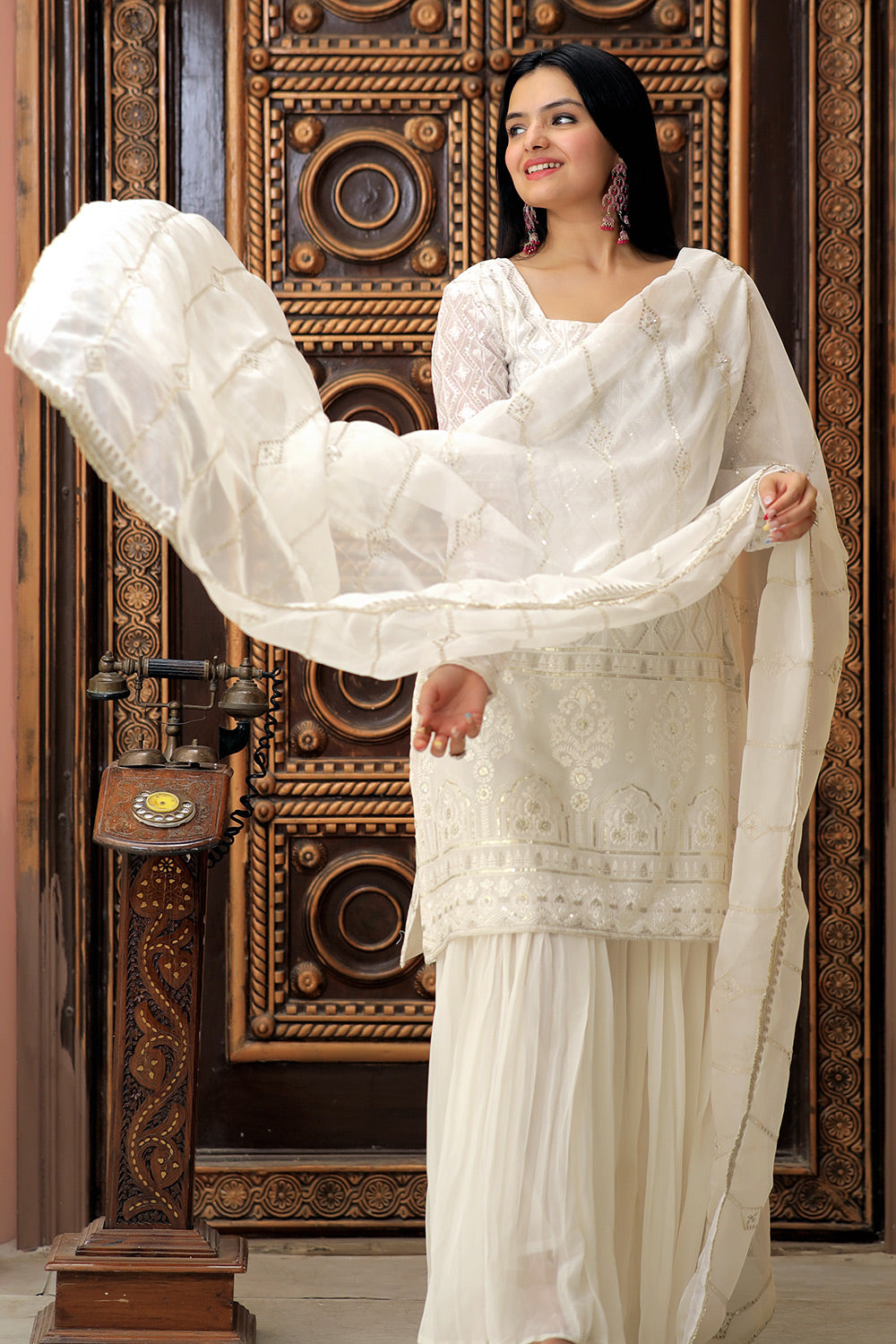 White Faux Georgette With Zigzag Line Sequins Work Sharara suit