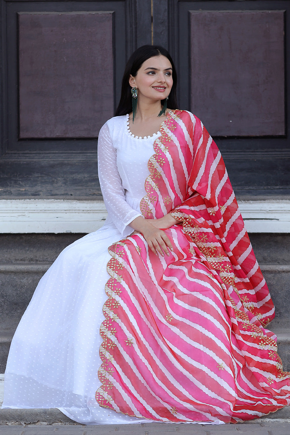 White Georgette Thousand Butti Gown With Pink Dupatta