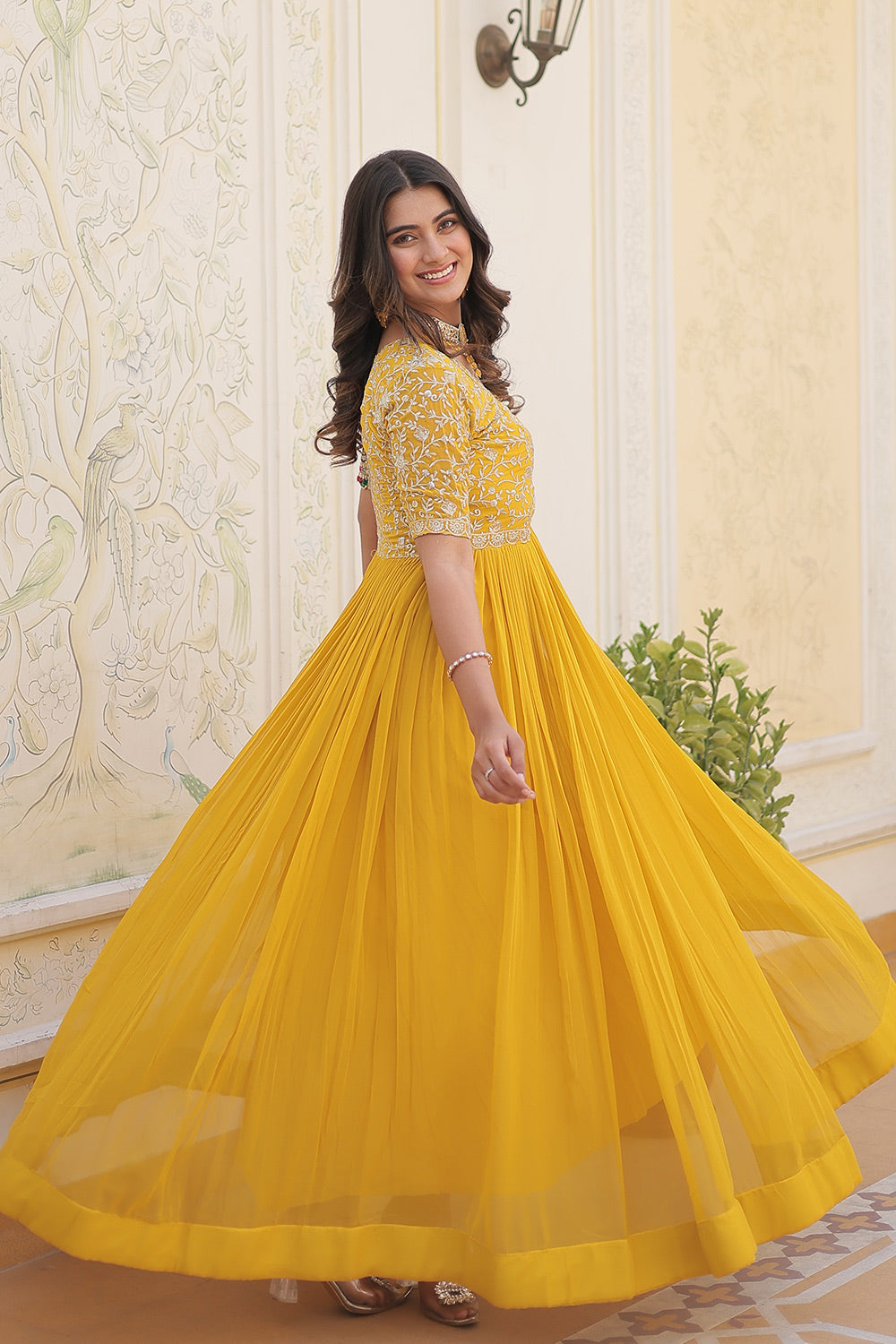 Yellow Faux Blooming With Embroidery Zari Sequins-Work Gown