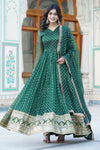 Bottle Green Jacquard Butti Embroidery Gown with Dupatta