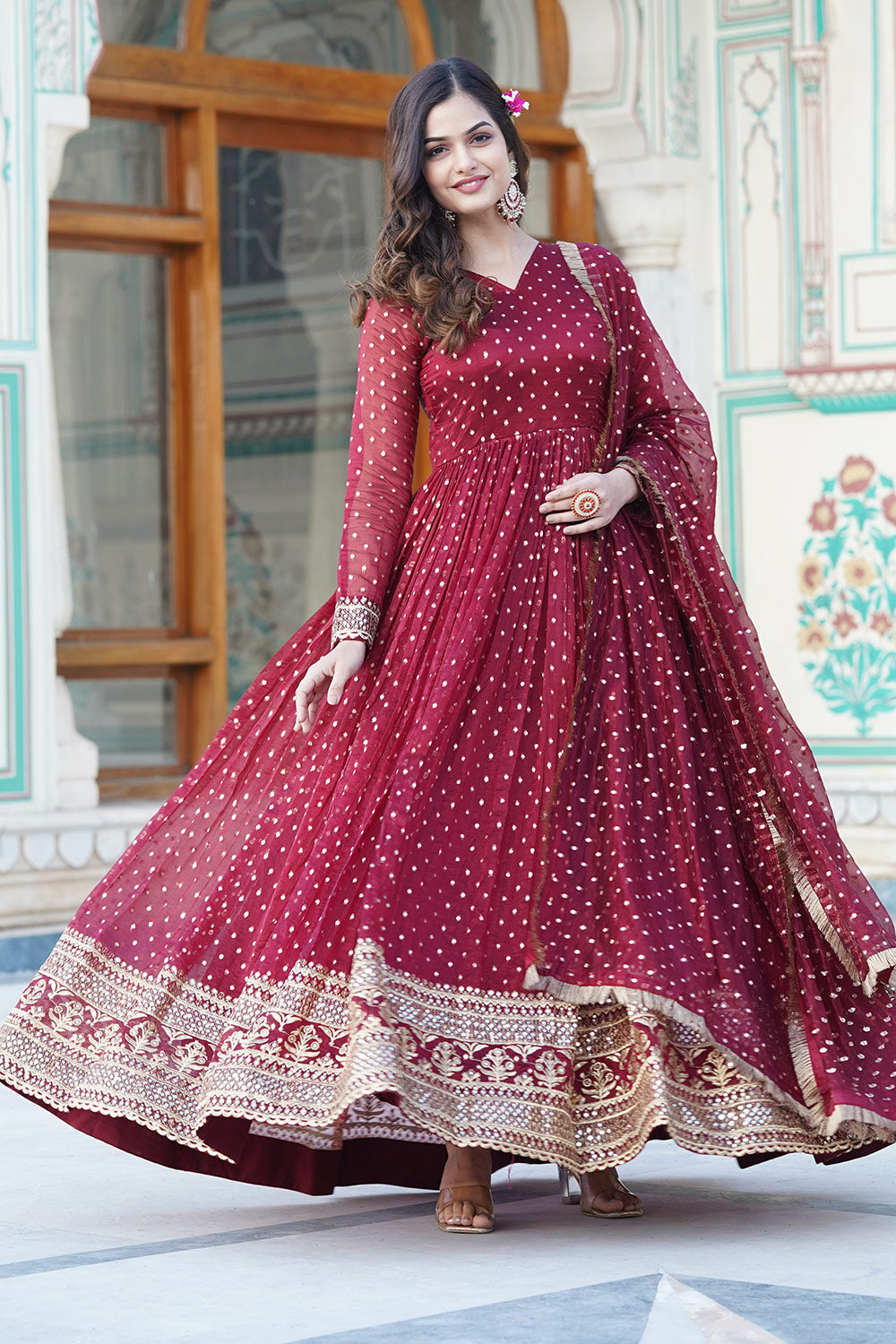 Maroon Jacquard Butti Embroidery Gown with Dupatta