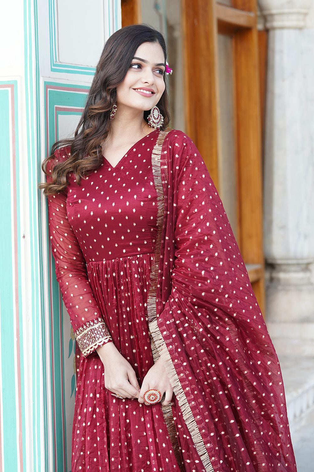 Maroon Jacquard Butti Embroidery Gown with Dupatta