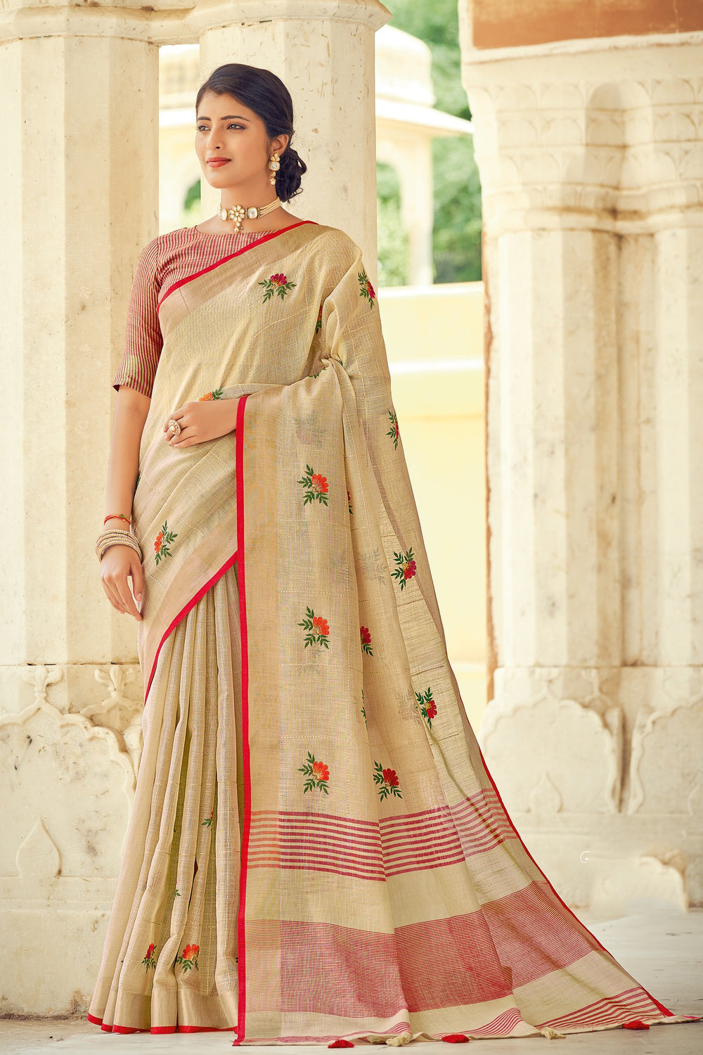 Cream Linen Saree With Weaving &amp; Embroidery Work