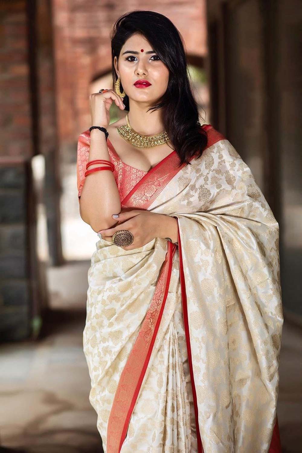 Creamy Off-white and Red Zari Border Silk Saree With Blouse – Bahuji -  Online Fashion & Lifestyle Store