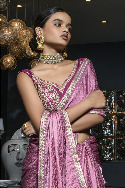 Pink Colour Satin Silk Embroidery Border Saree