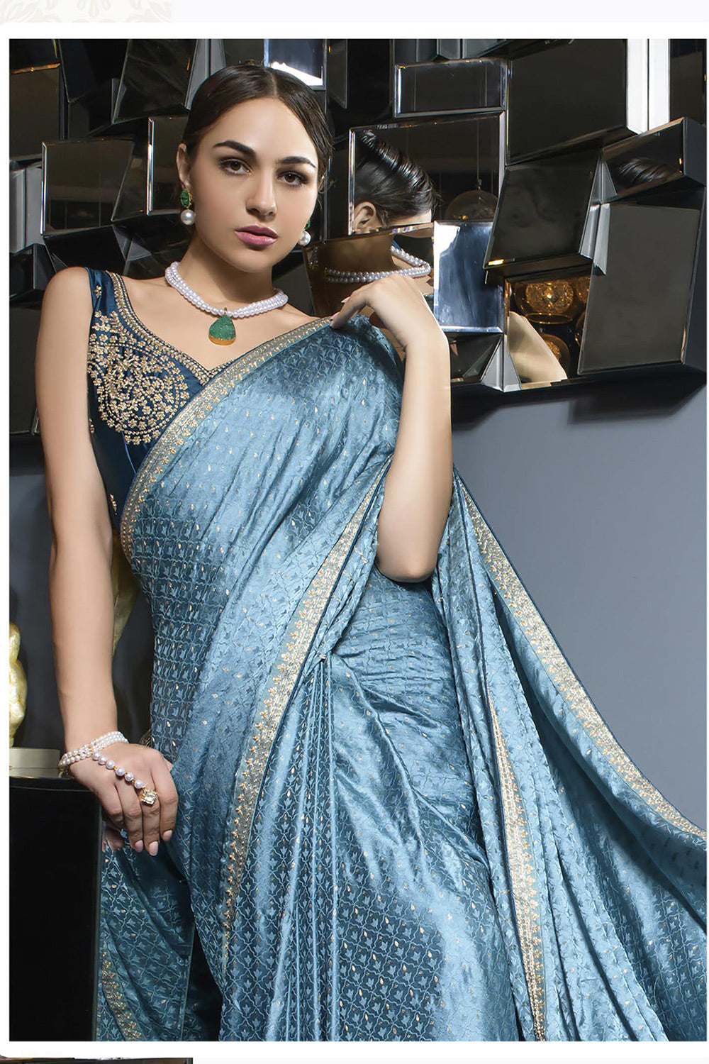 Crystal Blue Colour Satin Silk Saree With Embroidery Blouse