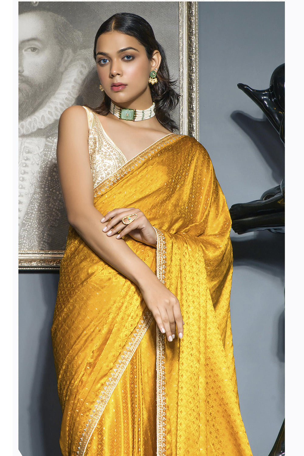 Yellow Colour Satin Silk Saree With Embroidery Blouse