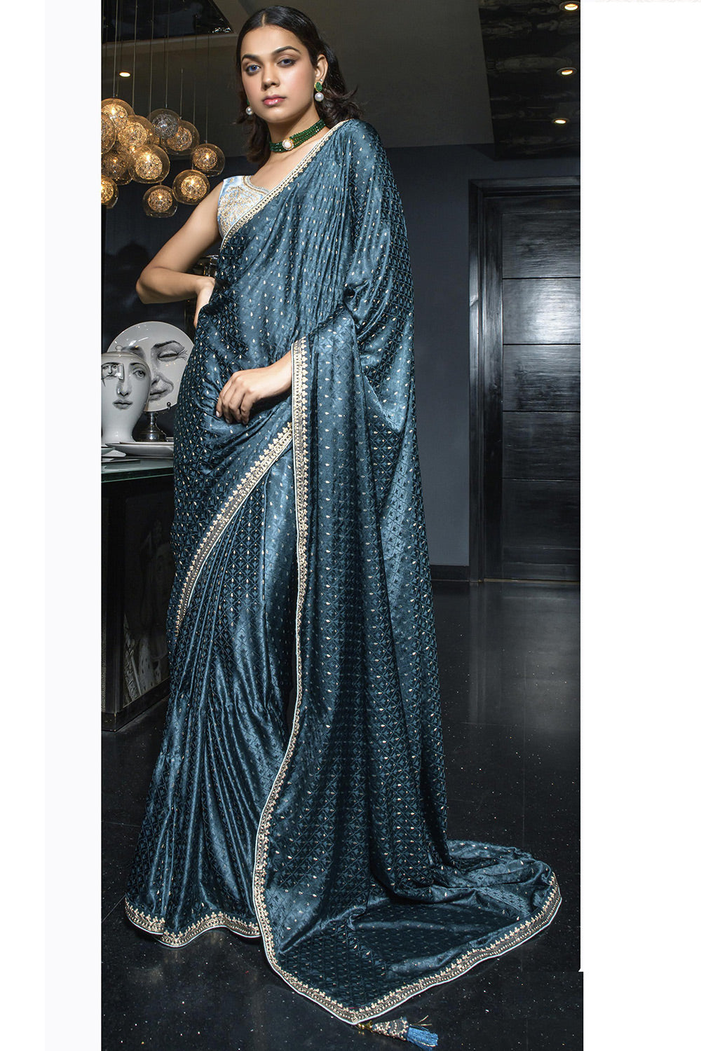 Indigo Blue Colour Satin Silk Saree