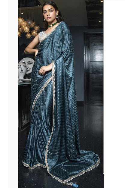 Indigo Blue Colour Satin Silk Saree