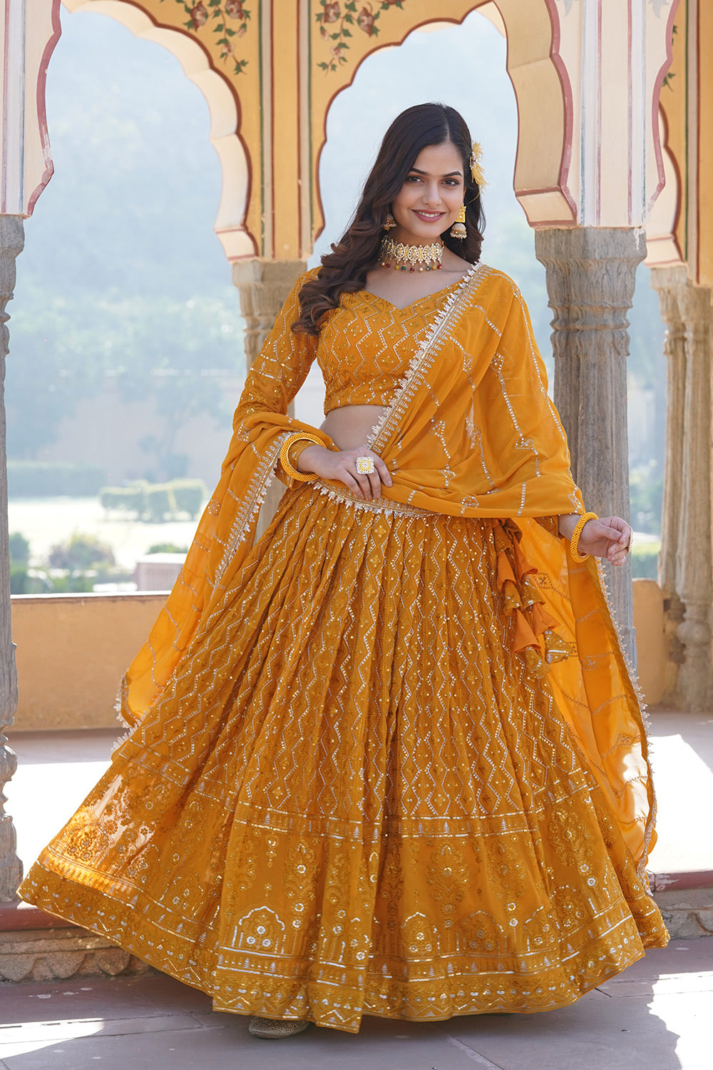 Yellow Faux Georgette With Heavy Sequins Work Lehenga Choli