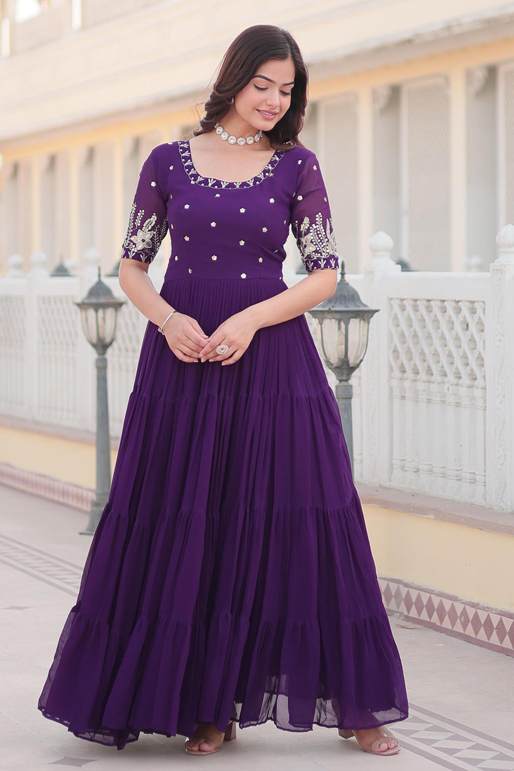 Beautiful Purple Faux Blooming Embroidered Work  Gown