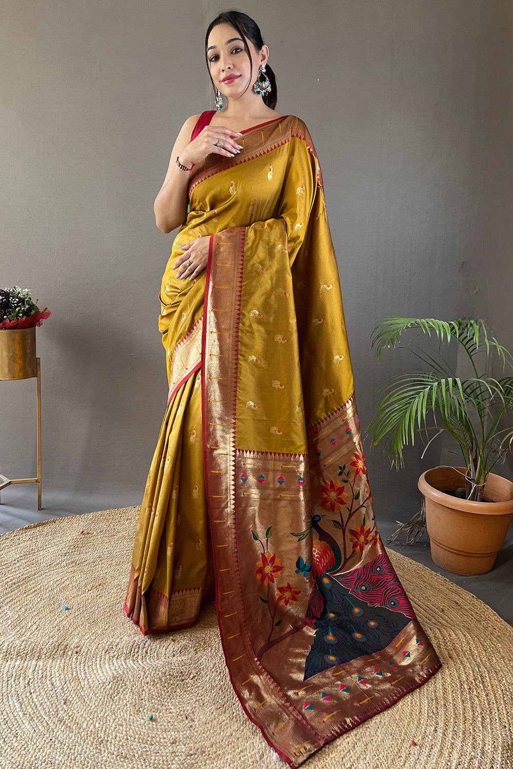 Mustard Yellow Paithani Silk Saree With Zari Weaving Pallu &amp; Border