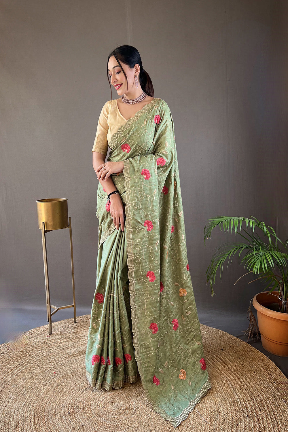 Mint Green Tussar Silk Floral design Embroidery Work Saree