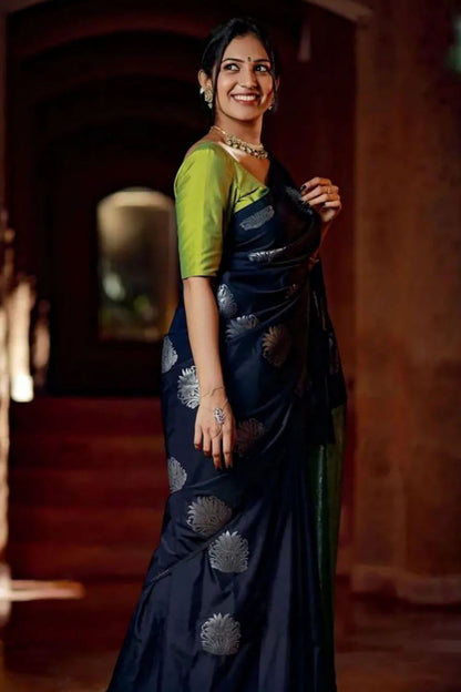 Midnight Blue Silk Saree With Silver Zari Weaving Work