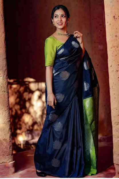 Midnight Blue Silk Saree With Silver Zari Weaving Work