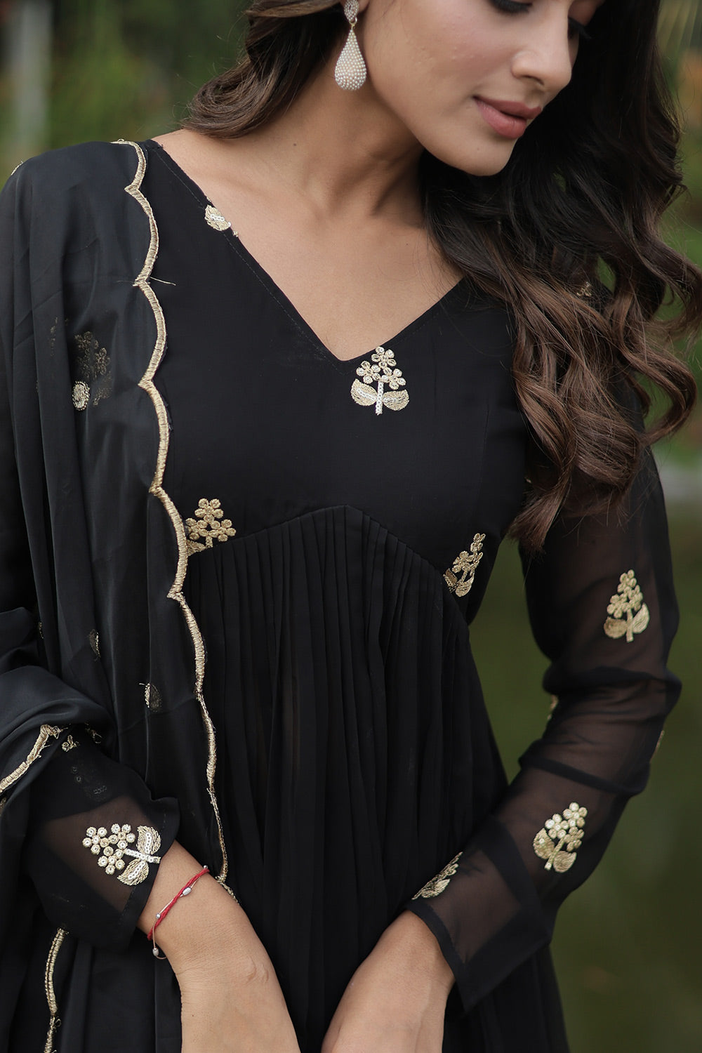 Black Faux Blooming With Embroidered Work Kurti With Pant &amp; Dupatta Set