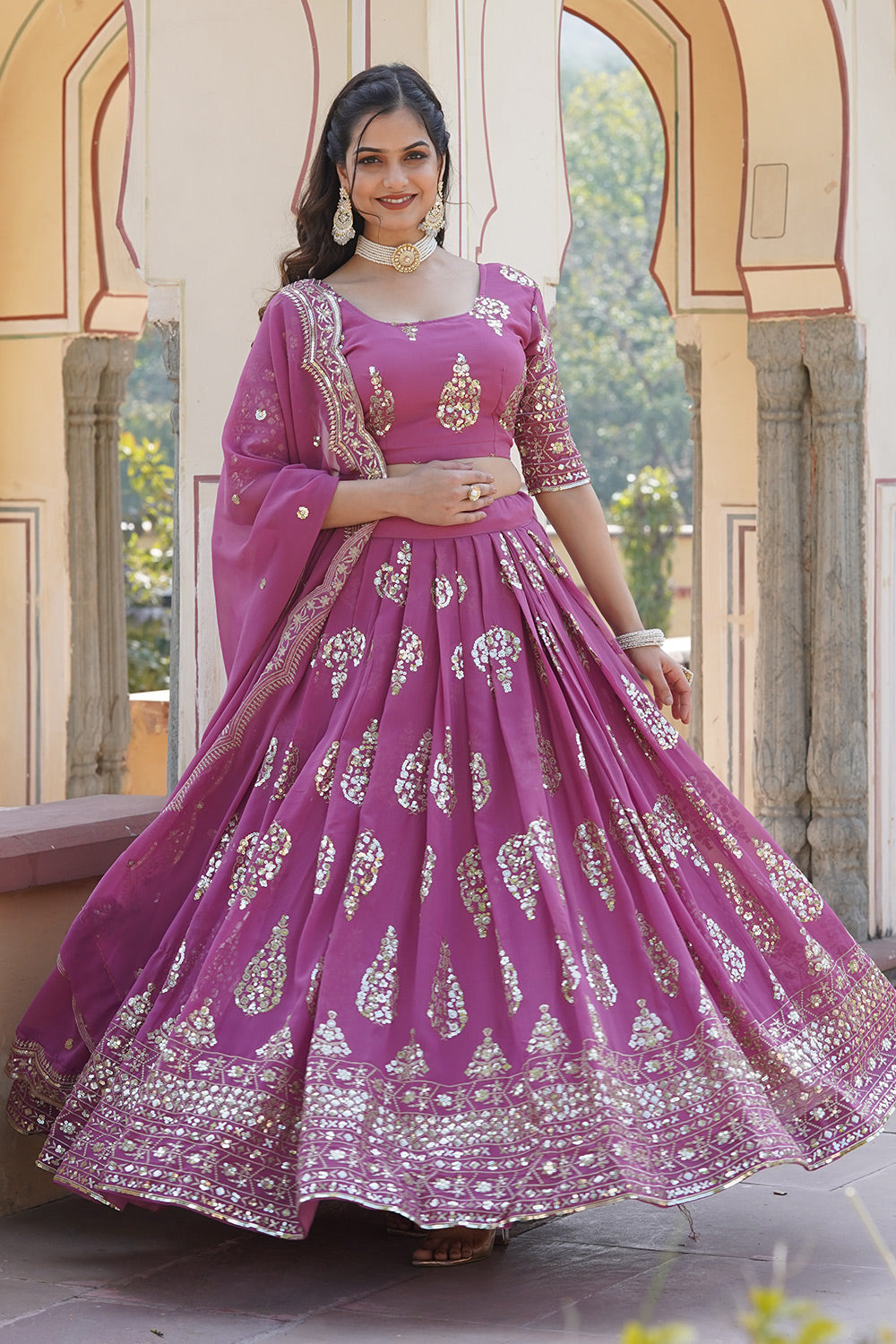 Pink Faux Georgette With Sequins Multi Embroidered Work Lehenga Choli