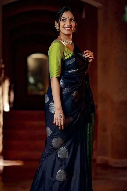 Midnight Blue Silk Saree With Silver Zari Weaving Work