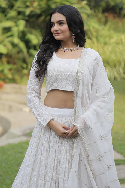 White Georgette With Sequins &amp; Thread Embroidered Work Lehenga Choli