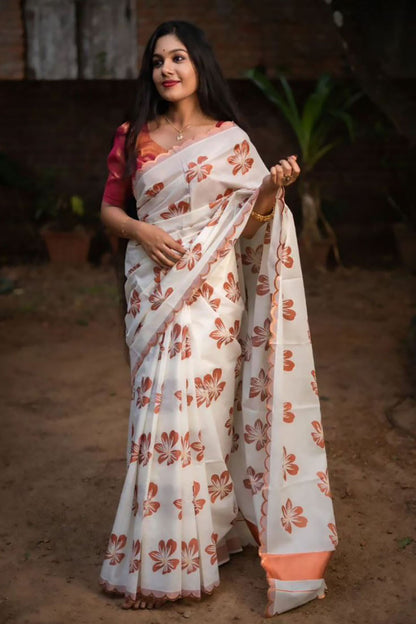 Classy White Silk Saree Weaving Work