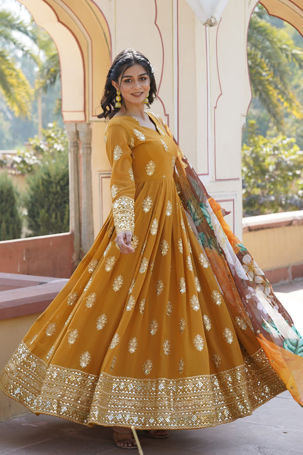Beautiful Yellow  Faux Georgette Gown With Dupatta