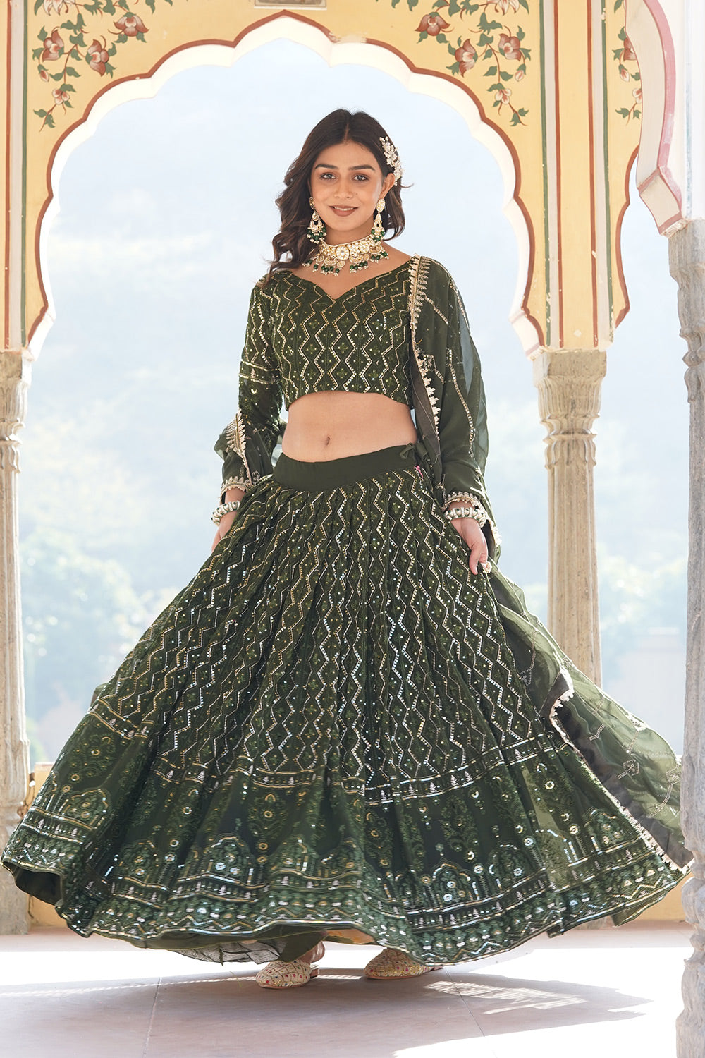Green Faux Georgette With Sequins &amp; Thread Embroidered Work Lehenga Choli