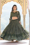 Green Faux Georgette With Sequins & Thread Embroidered Work Lehenga Choli
