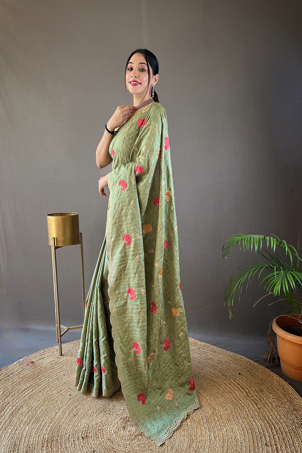 Mint Green Tussar Silk Floral design Embroidery Work Saree