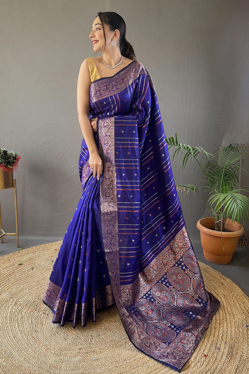 Blue Colour Silk Jacquard Weaving Border Saree