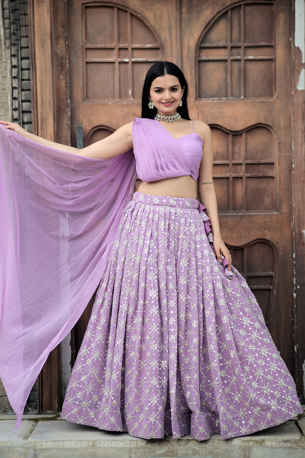 Lavender Faux Georgette With Embroidered Sequins Work Lehenga Choli