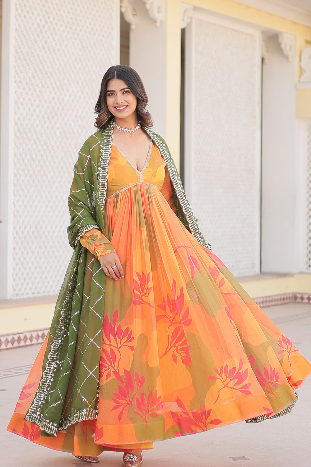 Yellow Digital Printed Russian Silk  Gown With Dupatta