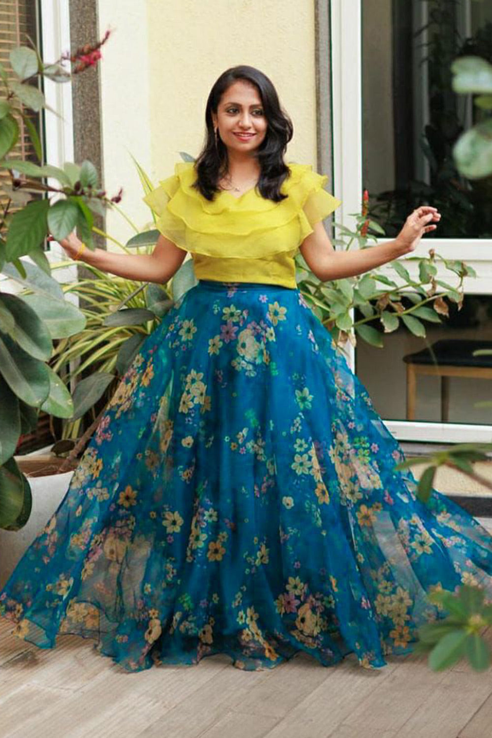 Sky Blue Organza With Floral Printed Lehenga With Yellow Blouse