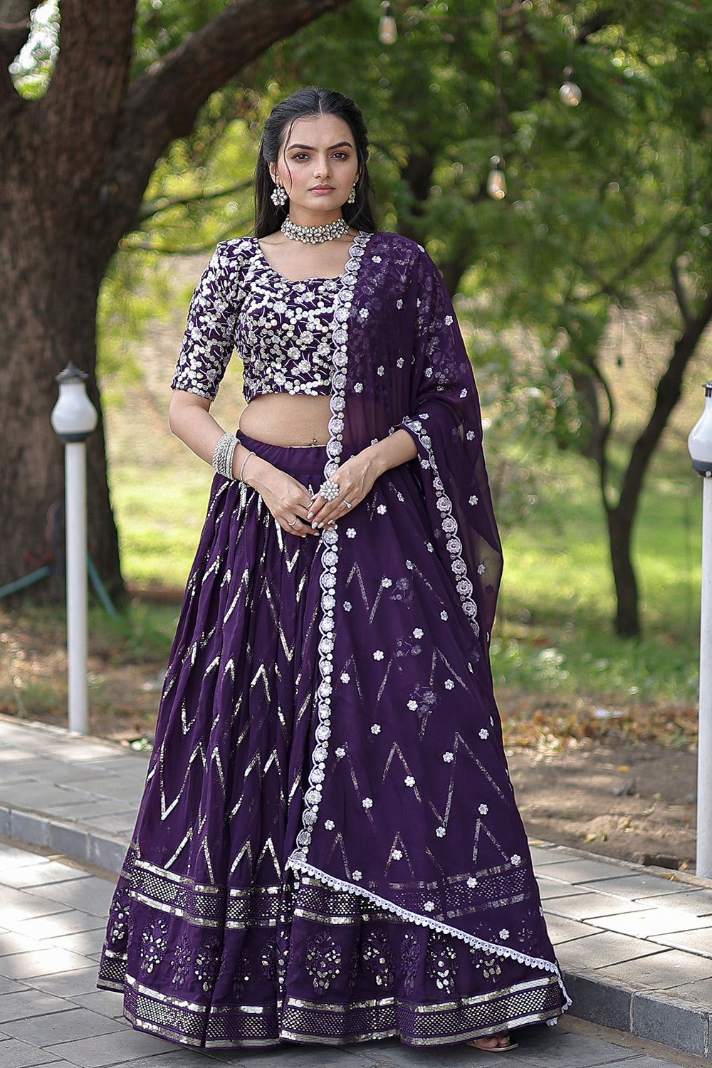 Wine Faux Blooming With Sequins &amp; Thread Embroidered Work Lehenga Choli