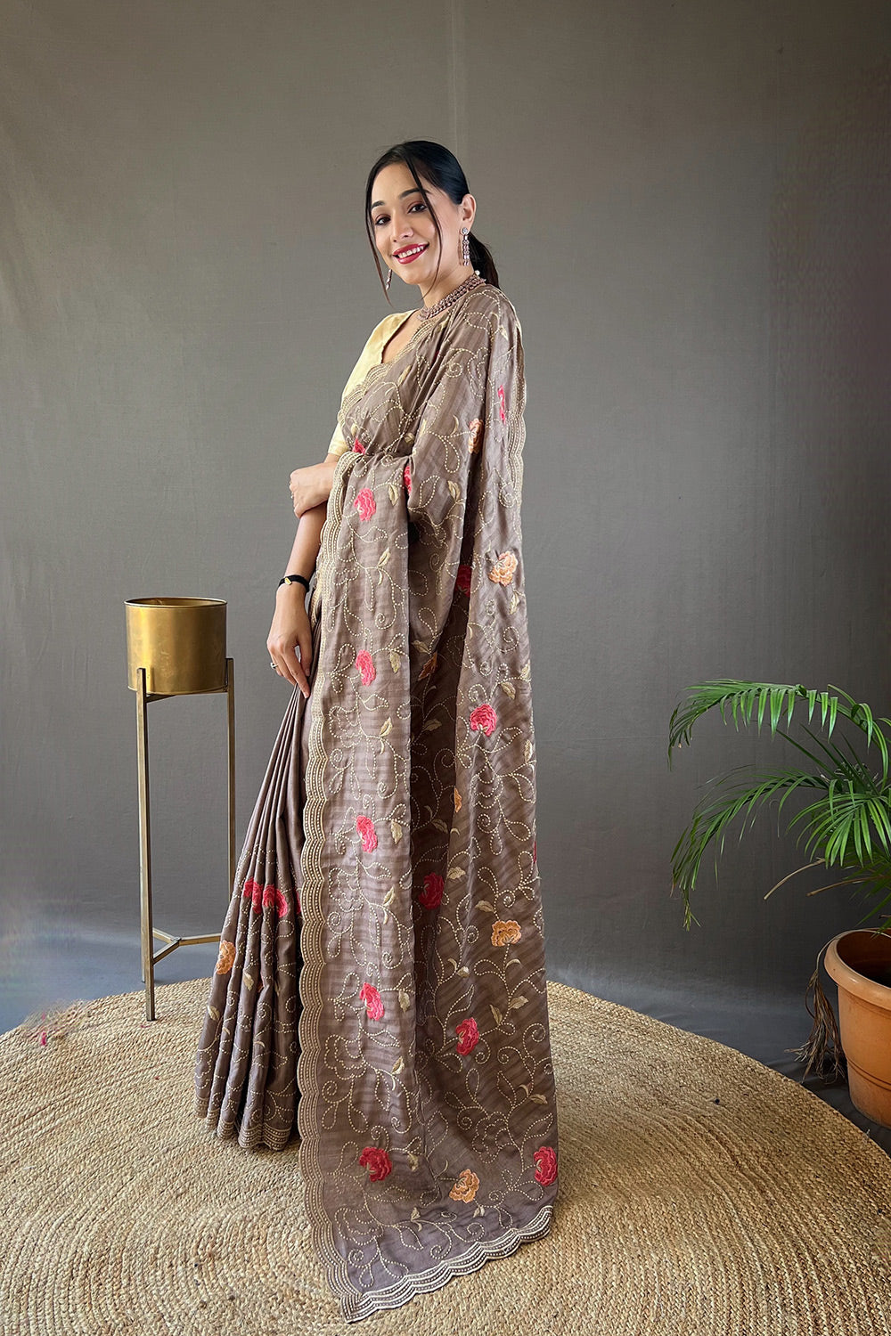 Fossil Gray Tussar Silk Embroidery Work Saree