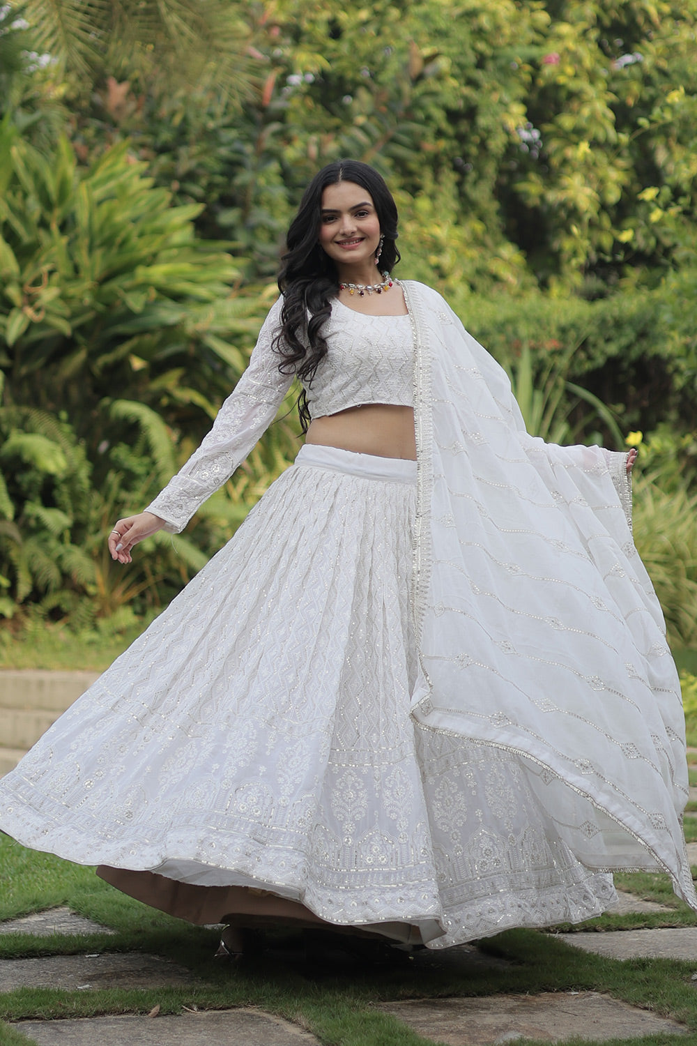 White Georgette With Sequins &amp; Thread Embroidered Work Lehenga Choli