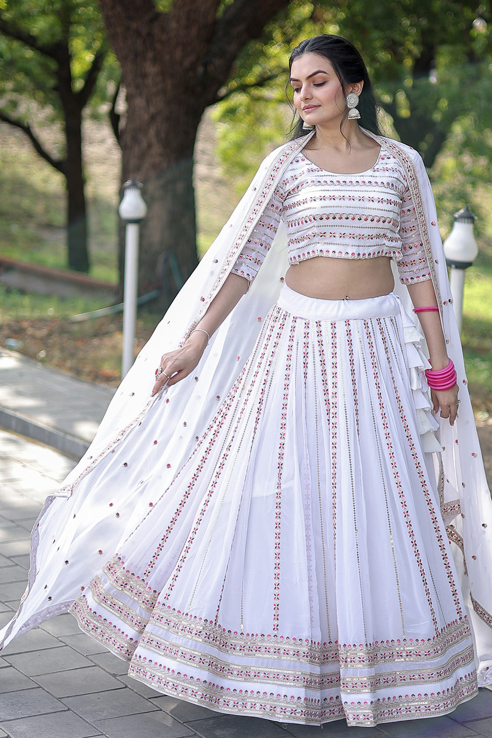 White Faux Georgette With Coding Embroidered Work Lehenga Choli