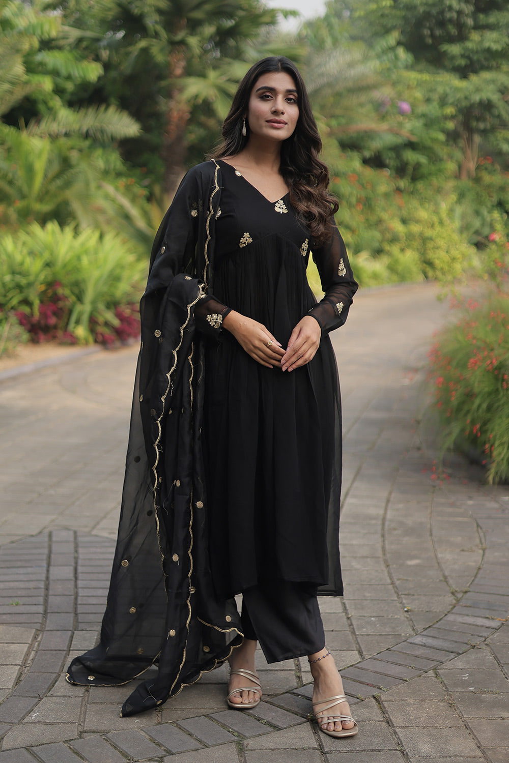 Black Faux Blooming With Embroidered Work Kurti With Pant &amp; Dupatta Set