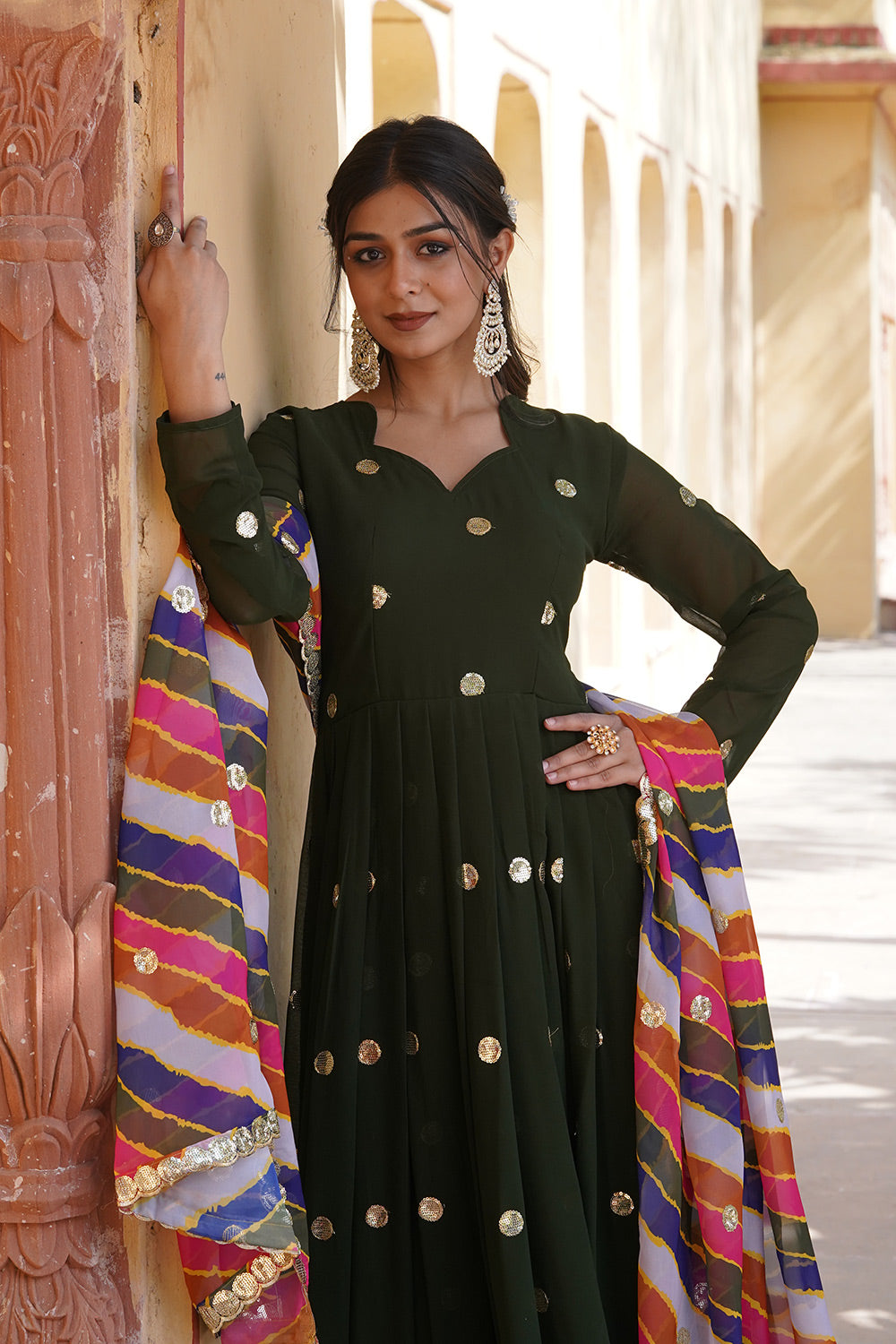 Green Faux Blooming  With Zari Thread &amp; Sequins Embroidery Work Gown