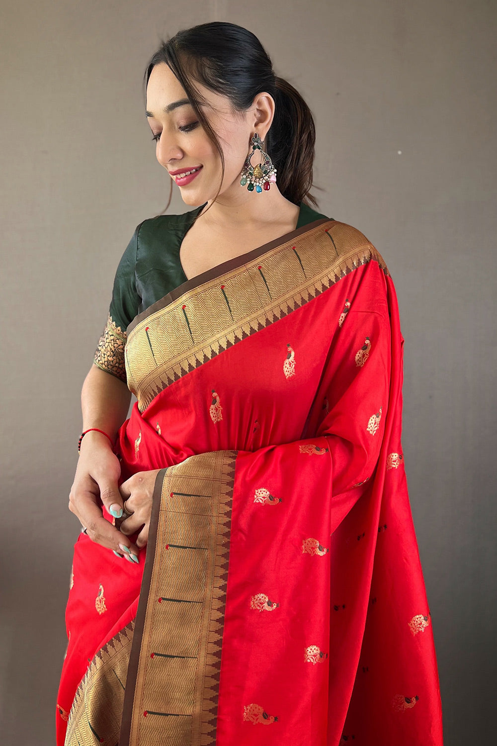 Red Paithani silk Saree With Rich Contrast Weaving Pallu