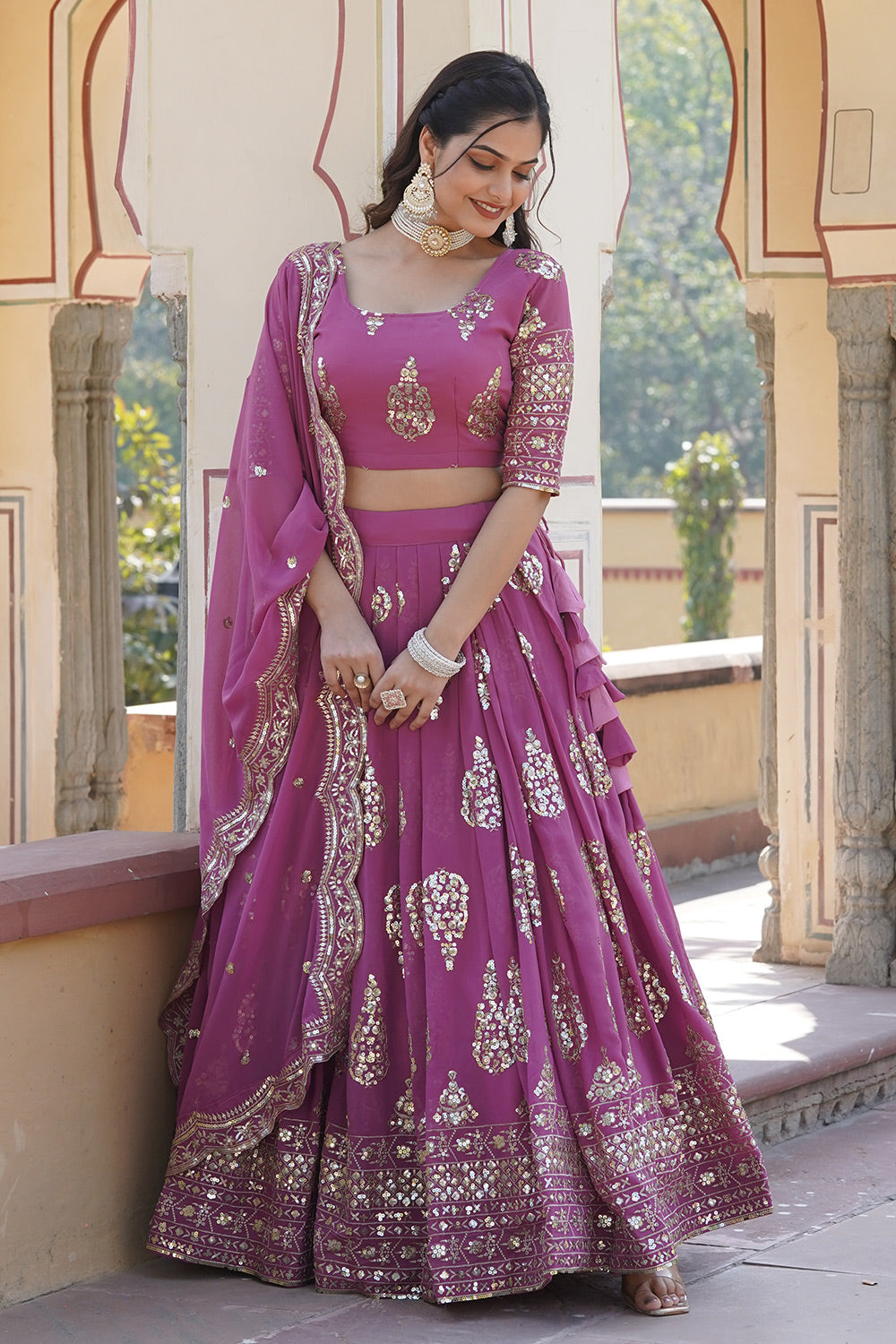 Pink Faux Georgette With Sequins Multi Embroidered Work Lehenga Choli