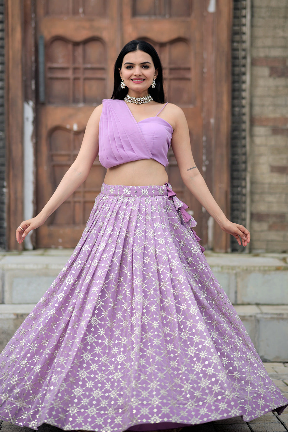 Lavender Faux Georgette With Embroidered Sequins Work Lehenga Choli