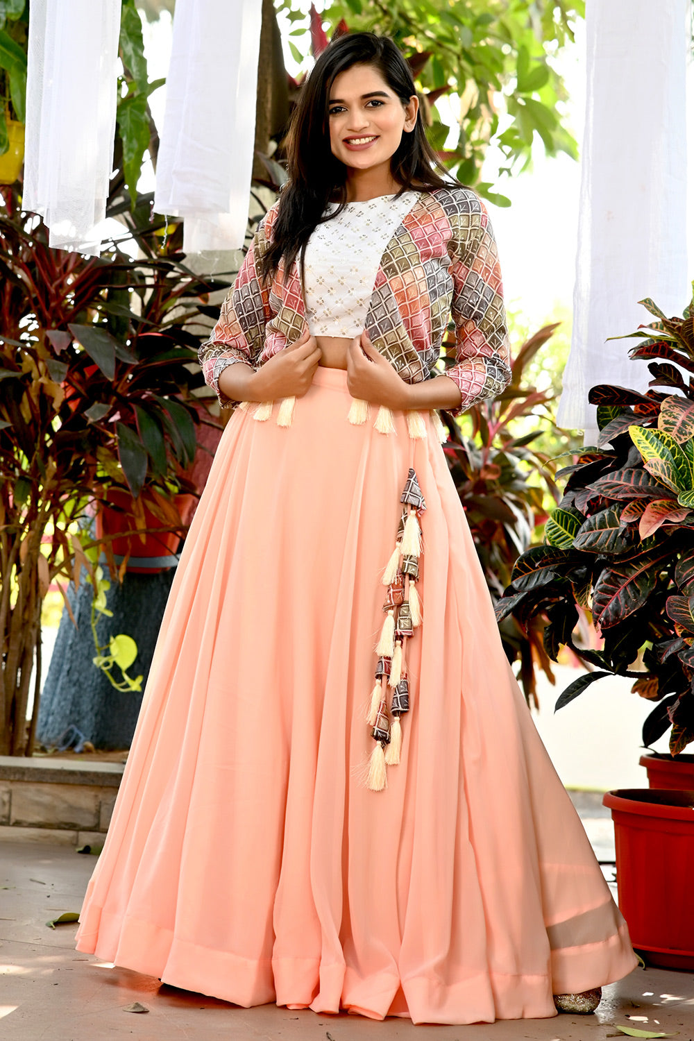 Peach Print Koti &amp; Faux Georgette Embroidered Sequins Blouse With Lehenga